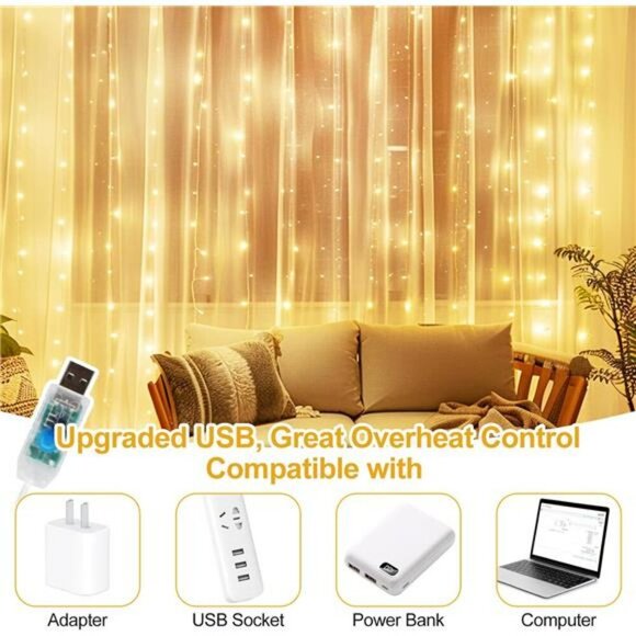 300 LED Curtain Fairy String Lights Warm White USB Remote Indoor Outdoor Decor - Picture 7 of 8
